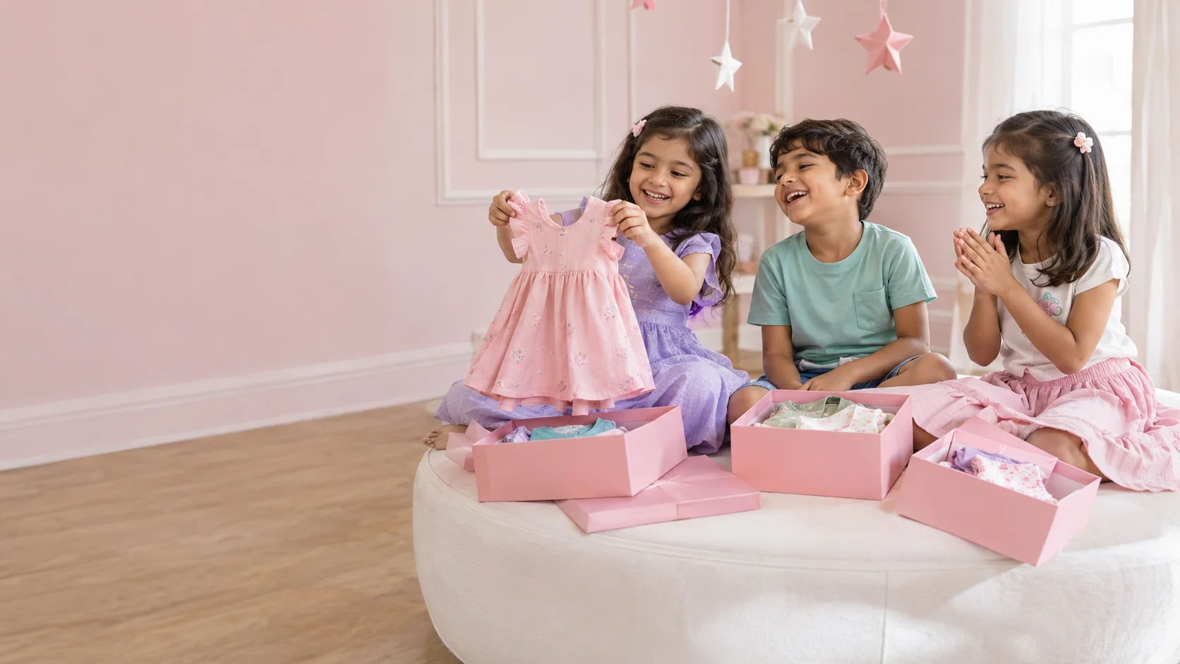 Kids opening pink gift boxes of new clothes