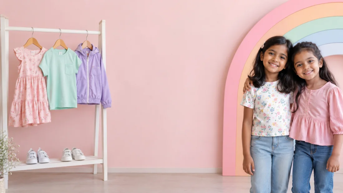 Two girls in pastel outfits next to a rainbow